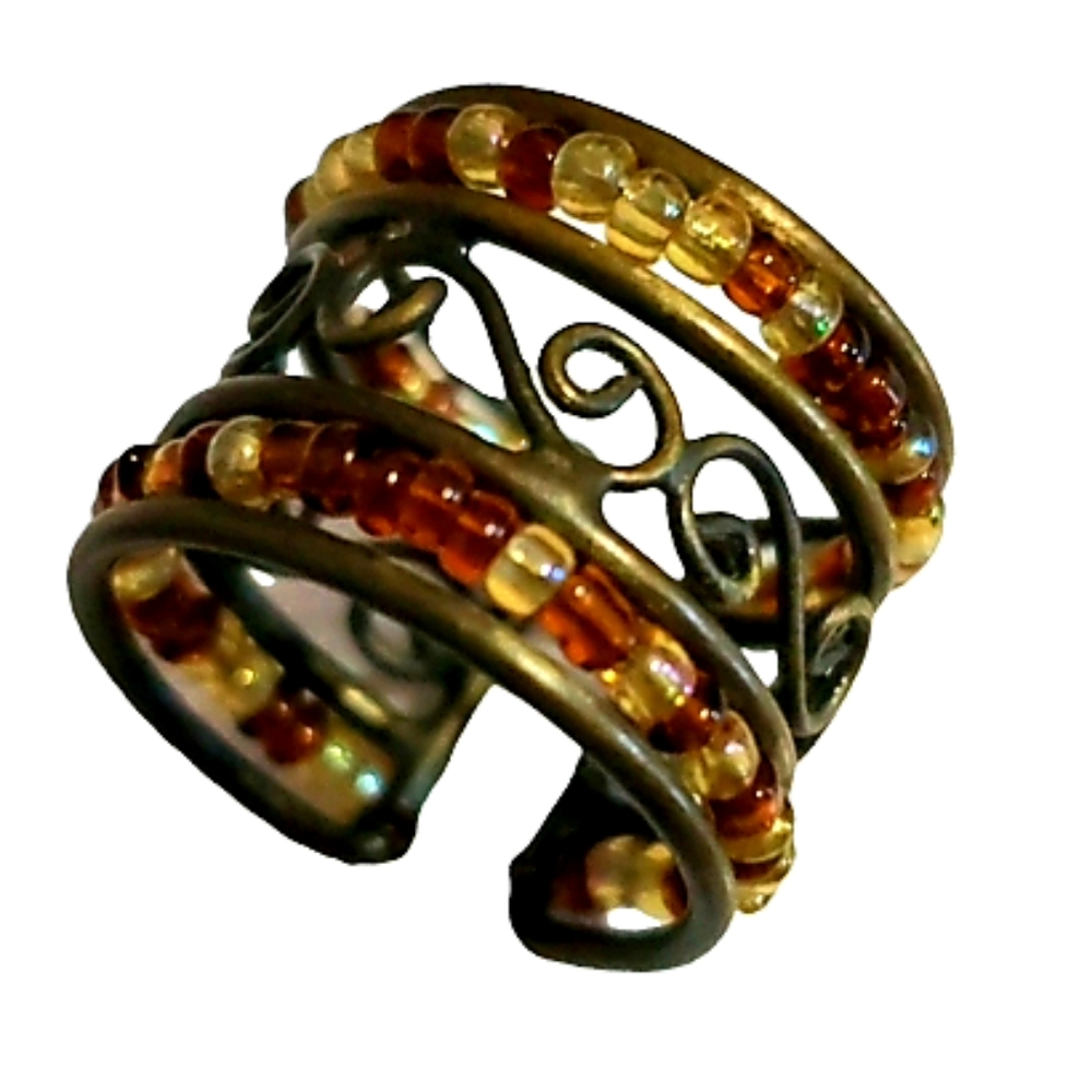 Antique Gold Ring with Colorful Earthtone Beads Twisted Curled Wire Design 5.5